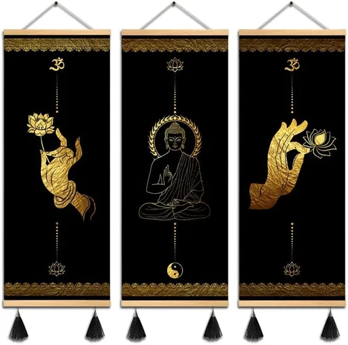 MBOUFOEY 3 piezas de budismo Zen Art Buddha gestos de mano en lienzo dorado y negro lienzo para pared, póster de madera con marco de desplazamiento