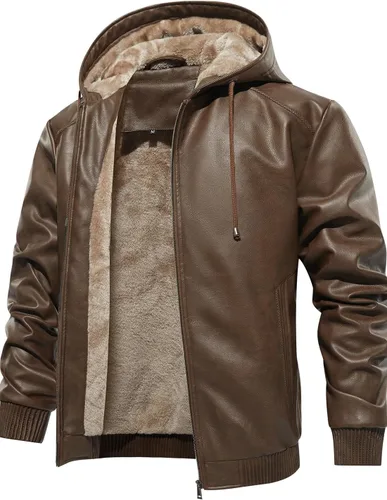 Miniatura 7 de Fanarcher Chaqueta de hombre de piel sintética con forro polar acolchada tipo bomber para motocicleta con capucha