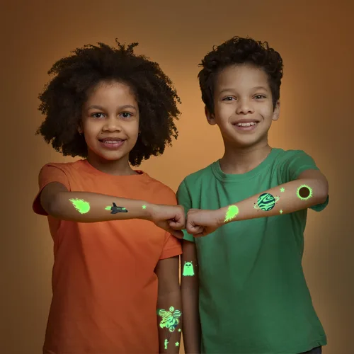 Miniatura 5 de Tatuajes temporales falsos de planetas espaciales que brillan en la oscuridad para niños, más de 80 piezas de astronauta espacial, cohete, nave
