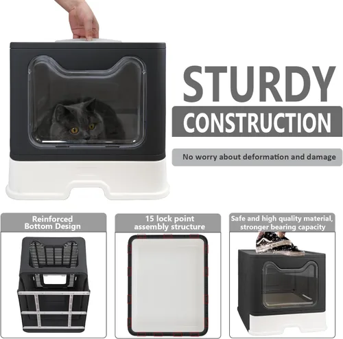Miniatura 6 de Caja de arena plegable para gatos con tapa, orinal cerrado, inodoro grande de entrada superior antisalpicaduras, fácil de limpiar, incluye pala