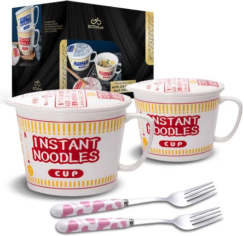 Miniatura 7 de Tazones de ramen con tapa y asa, lindos tazones de fideos instantáneos para ramen, juegos de cuencos grandes de cerámica con tenedor, regalo para 2