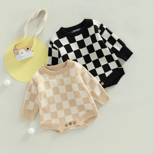 Miniatura 2 de Ropa unisex de tablero de ajedrez para bebé, niña y niño, mameluco de punto con burbujas, mameluco de una pieza