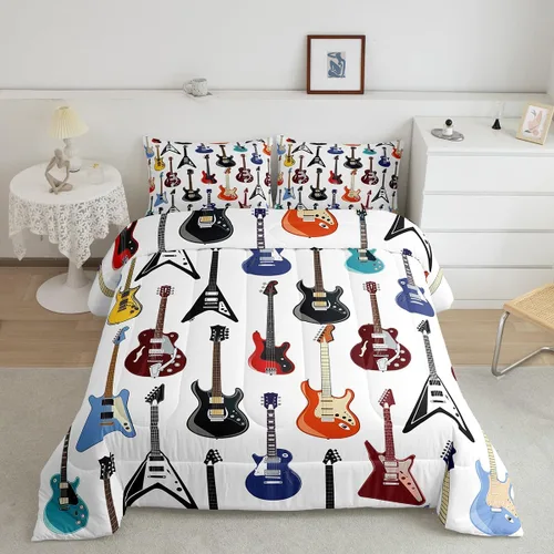 Miniatura 30 de Castle Fairy Juego de edredón de botas de vaquero, tamaño individual, juego de ropa de cama bohemio con guitarra musical para niños y niños
