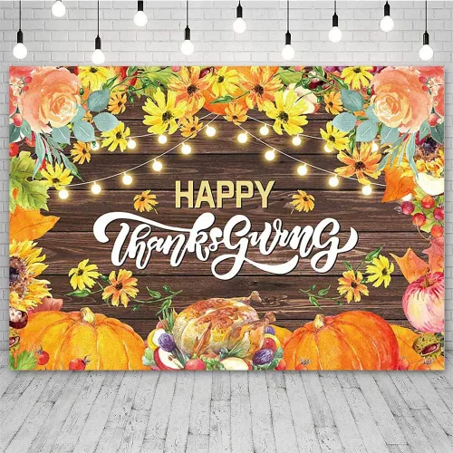 Sendy Telón de fondo de Feliz Acción de Gracias de 7 x 5 pies, calabazas de otoño, pavo, fondo de fotografía de madera rústica, hojas de arce para
