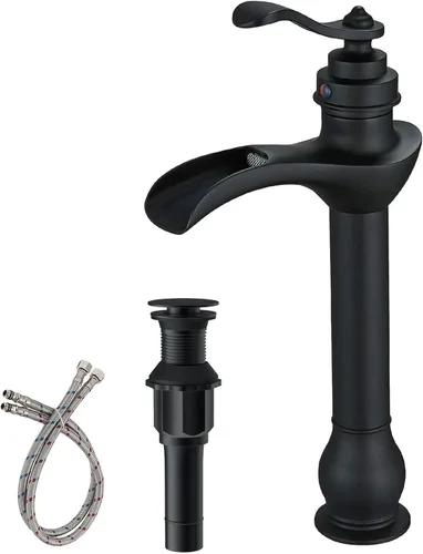 BWE Grifo de Lavabo Tipo Vasija Negro Mate Cascada de Un Solo Orificio con Manija y Tapón de Desagüe Pop-Up Ensamblaje y Manguera de Suministro