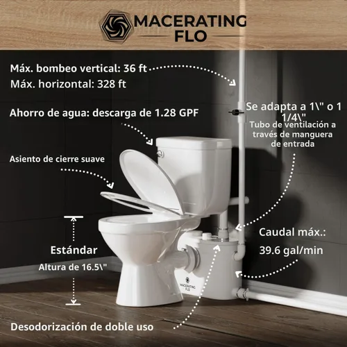 Miniatura 2 de Sistema de inodoro macerador de 750 W con 4 entradas, bomba duradera, tubo de extensión, fácil instalación, ahorro de espacio