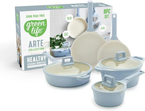 GreenLife Juego de 8 piezas de utensilios de cocina de cerámica antiadherente, ollas y sartenes aptas para inducción, libres de PFAS y no tóxicas,
