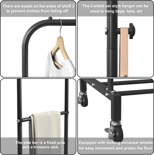 Miniatura 6 de Sooyee Perchero de doble barra con ruedas, perchero de 3 niveles para colgar ropa, perchero portátil con 4 ganchos para dormitorio, cuarto de Negro