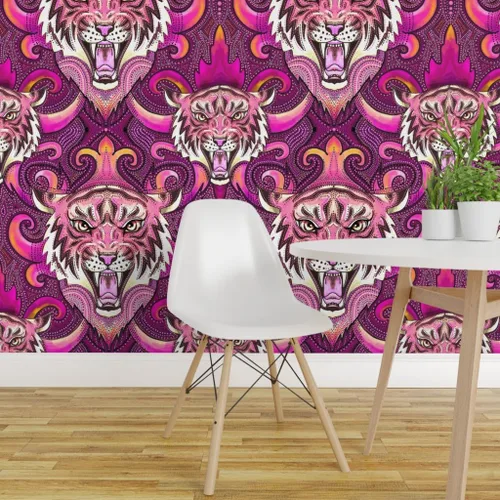 Miniatura 3 de Spoonflower Muestro de papel tapiz extraíble - Pink Tigers Purple Orange Maximalist XL Jungle - Papel pintado prepegado personalizado