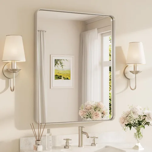 Miniatura 49 de TETOTE Espejo de marco dorado cepillado de 16 x 24 pulgadas, espejo de tocador de baño de latón dorado para pared, espejo enmarcado rectangular