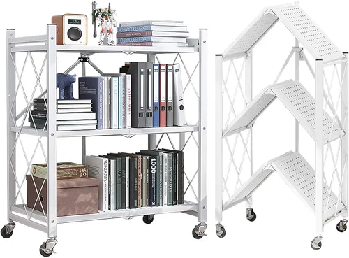 Estantes plegables de 3 niveles con ruedas, estilo industrial, estantes de almacenamiento de metal resistentes para el hogar, cocina, dormitorio