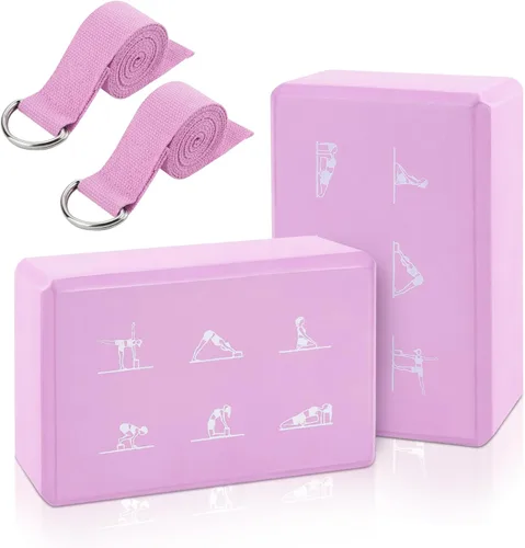 Miniatura 8 de Juego de 2 bloques de yoga y 2 correas de yoga, bloques de espuma EVA antideslizantes, ladrillos de yoga de alta densidad con correa de 6 pies, Rosa