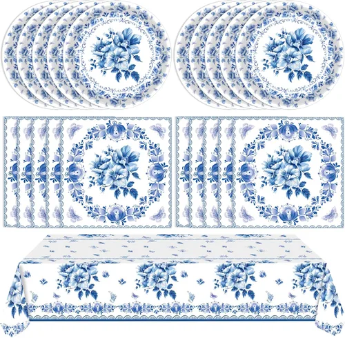 41 piezas de decoración de fiesta azul y blanca con flores desechables, juego de vajilla para 20 invitados, incluye platos de papel desechables con