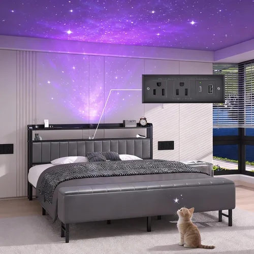Miniatura 11 de Base de cama de tamaño matrimonial con proyector de estrellas y estación de carga, plataforma tapizada de piel sintética con cabecera de Negro