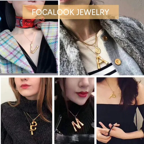 Miniatura 2 de FOCALOOK Collar de bambú chapado en oro de 18 quilates con dije de nombre inicial para mujer, collar grande con dije de letra de bambú