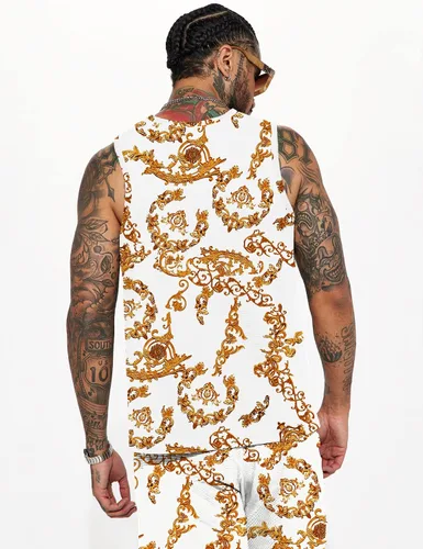 Miniatura 2 de JoZorro Conjunto de camiseta sin mangas con estampado floral para hombre, camiseta deportiva casual con estampado de lujo, ropa deportiva hawaiana