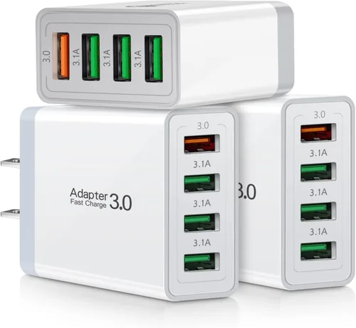 iSeekerKit Paquete de 3 adaptadores de cargador de pared USB 3.0 de 4 puertos, bloque de carga rápida, compatible con Samsung Galaxy S10 S9 S8/Note