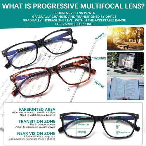 Miniatura 3 de Paquete de 3 lentes de lectura progresivos multienfoque para mujeres y hombres, bloqueo de luz azul, bisagras de resorte multienfoque, lectores