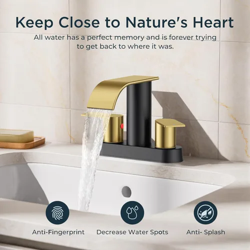 Miniatura 4 de FORIOUS Grifos de baño negros y dorados, cascada de 4 pulgadas con drenaje desplegable de metal y manguera cUPC para lavabo, tocador, RV, pedestal