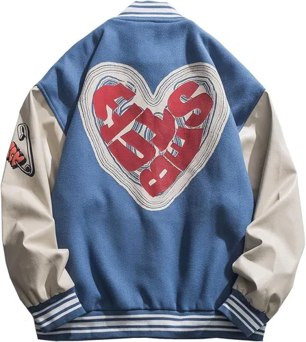 Aelfric Eden Chaqueta universitaria con estampado de amor y letras para hombre, chaqueta de béisbol con gráficos vintage, unisex, ropa de calle