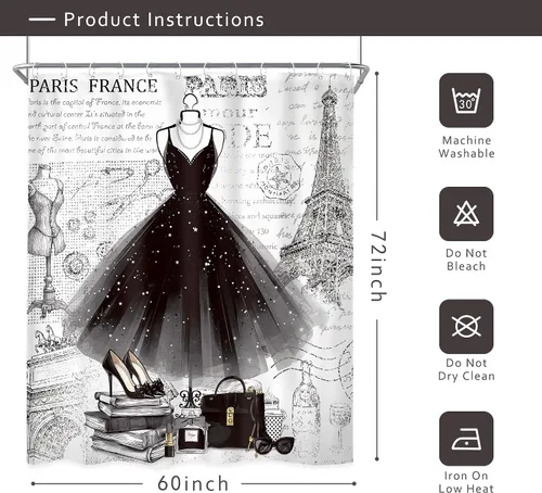 Miniatura 5 de Riyidecor Cortina de ducha negra de moda de 60 pulgadas de ancho x 72 pulgadas de alto, vestido femenino blanco y negro, torre Eiffel, perfume