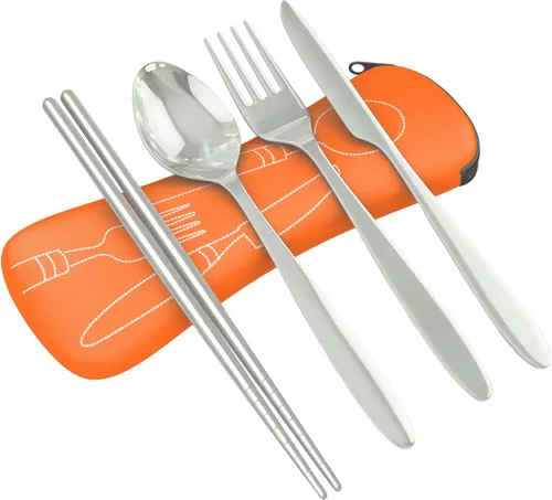 Miniatura 10 de Set de 4 unidades (cuchillo, tenedor, cuchara, palillos) para Viajes/Camping –Cubertería de acero inoxidable con funda de neopreno Juego de 4 piezas