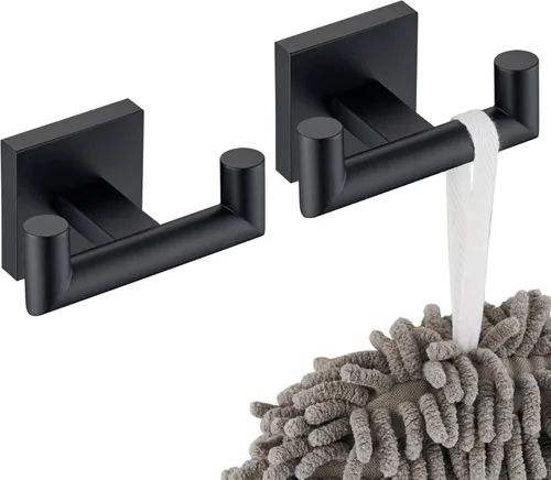 KOKOSIRI Gancho para Bata de Baño Ganchos Dobles para Toalla y Abrigo Negro Mate para Baño Cocina Montaje en Pared, Paquete de 2 Acero Inoxidable