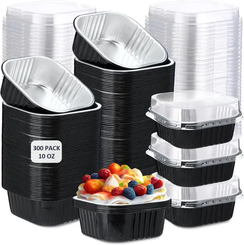 Aoriher 300 piezas de moldes mini para pasteles de 10 onzas con tapas, moldes de papel de aluminio para hornear, moldes cuadrados desechables para