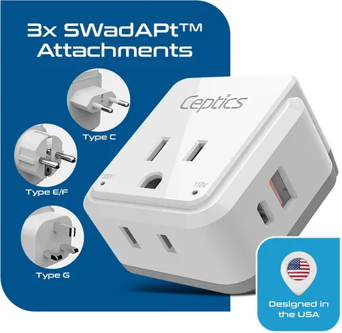 Miniatura 2 de Ceptics Juego de adaptadores de viaje de enchufe europeo, 20 W PD y control de calidad, USB dual seguro y USB-C - 2 enchufes de EE. UU. - Compacto