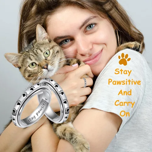 Miniatura 15 de LYTTMAB Keep Pawstive - Anillo de ansiedad para mujer, anillo giratorio con estampado de pata de perro y gato, anillo para ansiedad para mujer