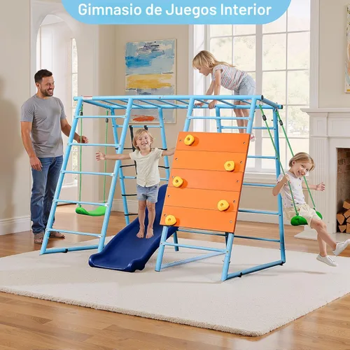 Miniatura 2 de Parque infantil interior 6 en 1, gimnasio de la selva de metal con pared de escalada, tobogán, barras horizontales, escaleras de cuerda y dos