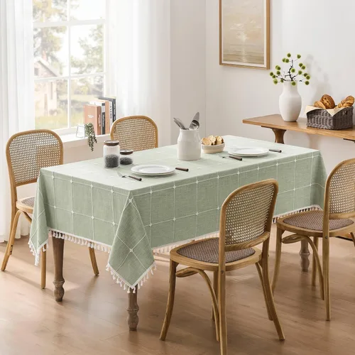 Miniatura 73 de ZeeMart - Mantel de mesa con diseño de cuadrícula boho y borlas (blanco roto, 132 cm x 132 cm), mantel de gran peso de lino a cuadros bordado