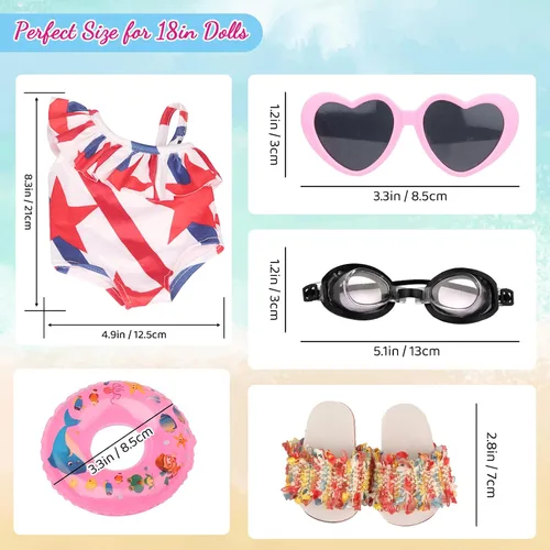 Miniatura 3 de MSYO Conjunto de traje de baño de playa de muñeca de 18 pulgadas, traje de baño patriótico de estrellas y rayas con lentes de sol, gafas