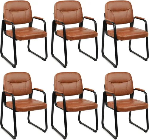 Miniatura 37 de CLATINA Silla de cuero para invitados de oficina, silla de recepción sin ruedas con reposabrazos y soporte de madera, sillón de escritorio