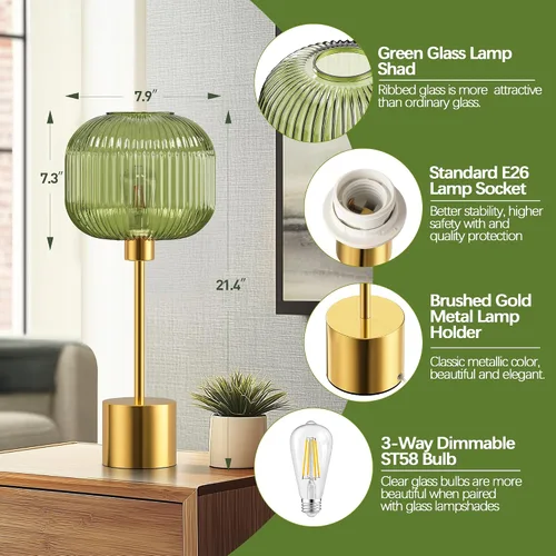 Miniatura 4 de QiMH - Lámpara de mesa de vidrio para sala de estar, lámpara de mesita moderna con pantalla de vidrio acanalada verde, lámpara de mesita de noche