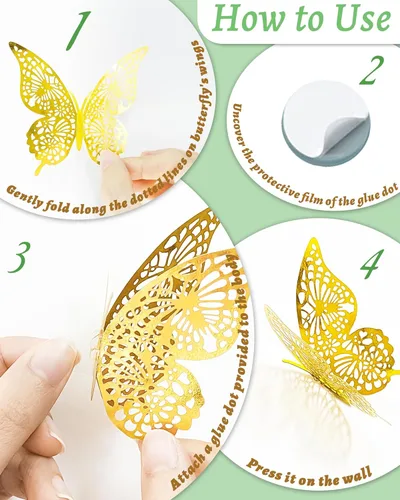 Miniatura 6 de 72 piezas de decoración de pared de mariposas 3D en oro, decoraciones de mariposas doradas para el Día del Padre, 4 estilos 3 tamaños, mariposas