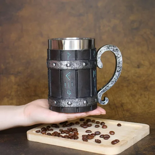 Miniatura 4 de Taza vikinga nórdica, jarra de cerveza de madera de roble, forro de acero inoxidable, mitología nórdica, taza de café de runas vikingas para Taza