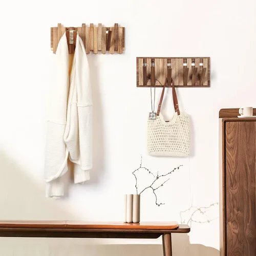 Miniatura 2 de Perchero de pared para entrada: Plegable rústico de madera con 8 ganchos, montaje de 16.5 pulgadas, elegante colgador de piano para pasillo