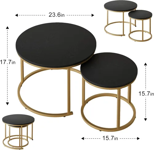 Miniatura 2 de Garden 4 you Mesa de Centro Anidable, Juego de Mesa de Centro Redonda de 23.6" Set de 2, Juego de Mesas Anidables de Madera con Marco de Metal, Negro