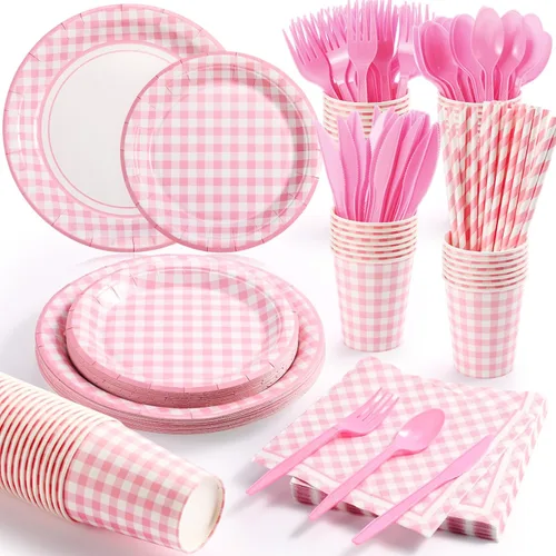 Miniatura 8 de Sieral 200 piezas de suministros de fiesta de cuadros rojos para 25 invitados, kits de vajilla desechable con platos de papel, vasos, servilletas