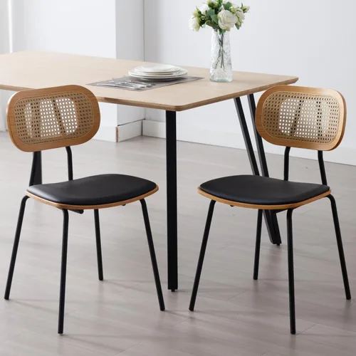 Miniatura 11 de Ya-Home Juego de 4 sillas de comedor Mid-Century de piel sintética con respaldo de ratán, patas de madera, diseño sin brazos para comedor, sala
