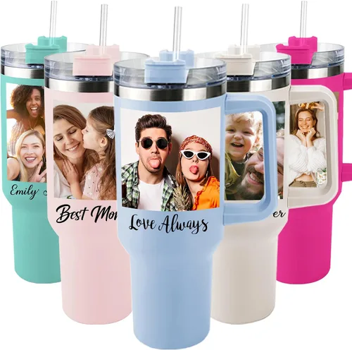 Miniatura 7 de ThermoThrill Se envía al día siguiente, vaso personalizado de 40 onzas con asa y pajita Vaso personalizado con texto Taza de acero inoxidable