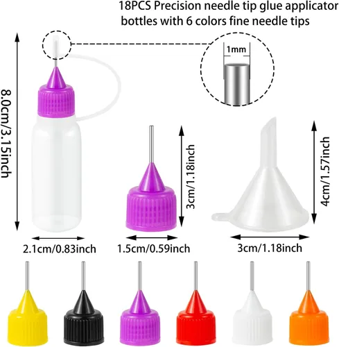 Miniatura 2 de 18 piezas de botellas aplicadoras de pegamento de punta de aguja de precisión, 6 colores 10 ml/1 oz botella de compresión de punta de aguja fina
