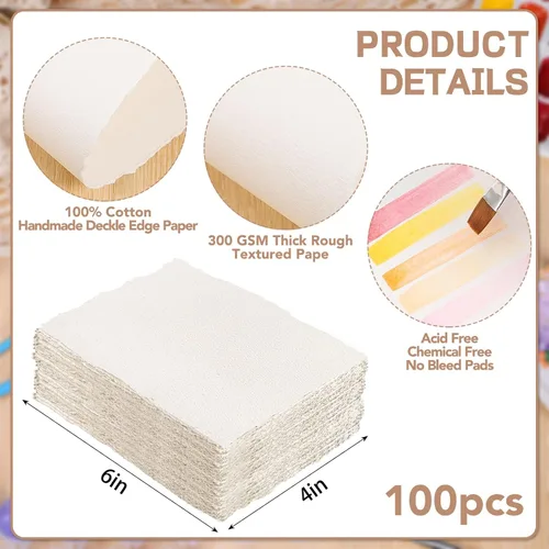 Miniatura 2 de 100 Hojas de Papel para Acuarela 4 x 6 Pulgadas, 300 GSM Papel con Bordes Rugosos Papel Texturizado Hecho a Mano para Acuarelas, Invitaciones