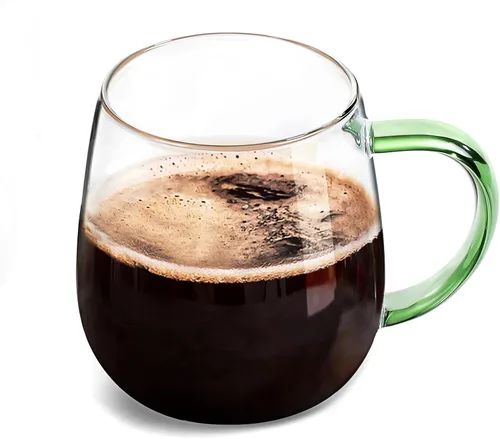 Taza de Vidrio Transparente con Asa Verde, 16 oz, Gran Taza de Café de Borosilicato Alto para Beber o como Regalo