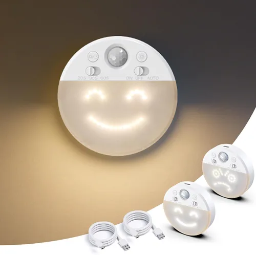 MY BEAUTY LIGHT apliques de pared LED con sensor de movimiento y 4 expresiones faciales, paquete de 2 unidades, 3000K luz blanca cálida suave