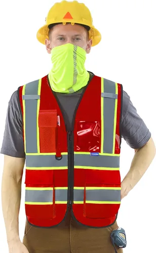 Miniatura 12 de AYKRM 11 color alta visibilidad reflectante chaleco de seguridad para mujeres hombres bolsillo cremallera ANSI/ISEA estándar Rojo