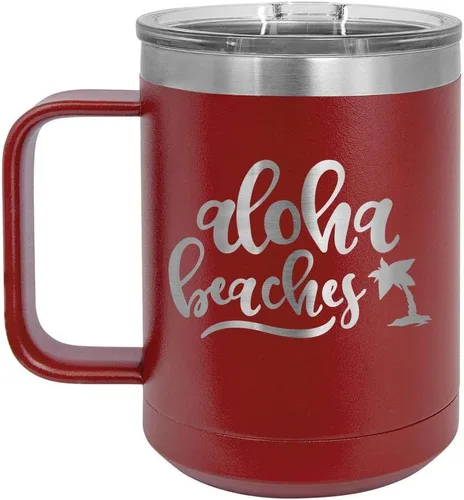 ALOHA BEACHES Taza de café de 15 oz con tapa deslizante | Taza de café de viaje aislada | Ideas de regalo de cumpleaños o Navidad de mujeres o