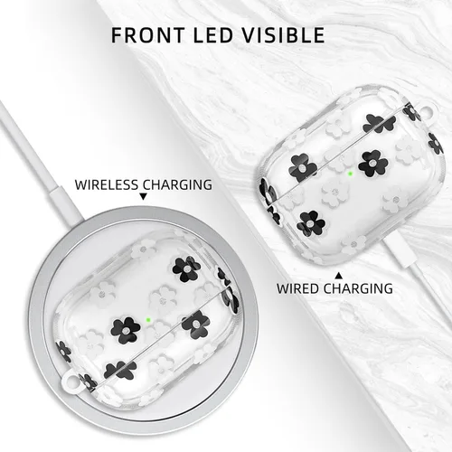 Miniatura 4 de Funda compatible con AirPods Pro 2 2022, TPU suave con bonito patrón de flores para AirPods Pro de 2ª/1ª generación con llavero de flores y Negro