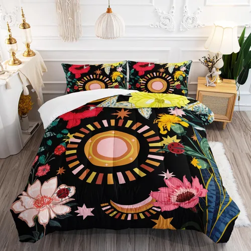 Miniatura 17 de Juego de edredón floral colorido de 3 piezas, juego de ropa de cama botánica bohemia tamaño queen, diseño boho de granja con flores y hojas impresas